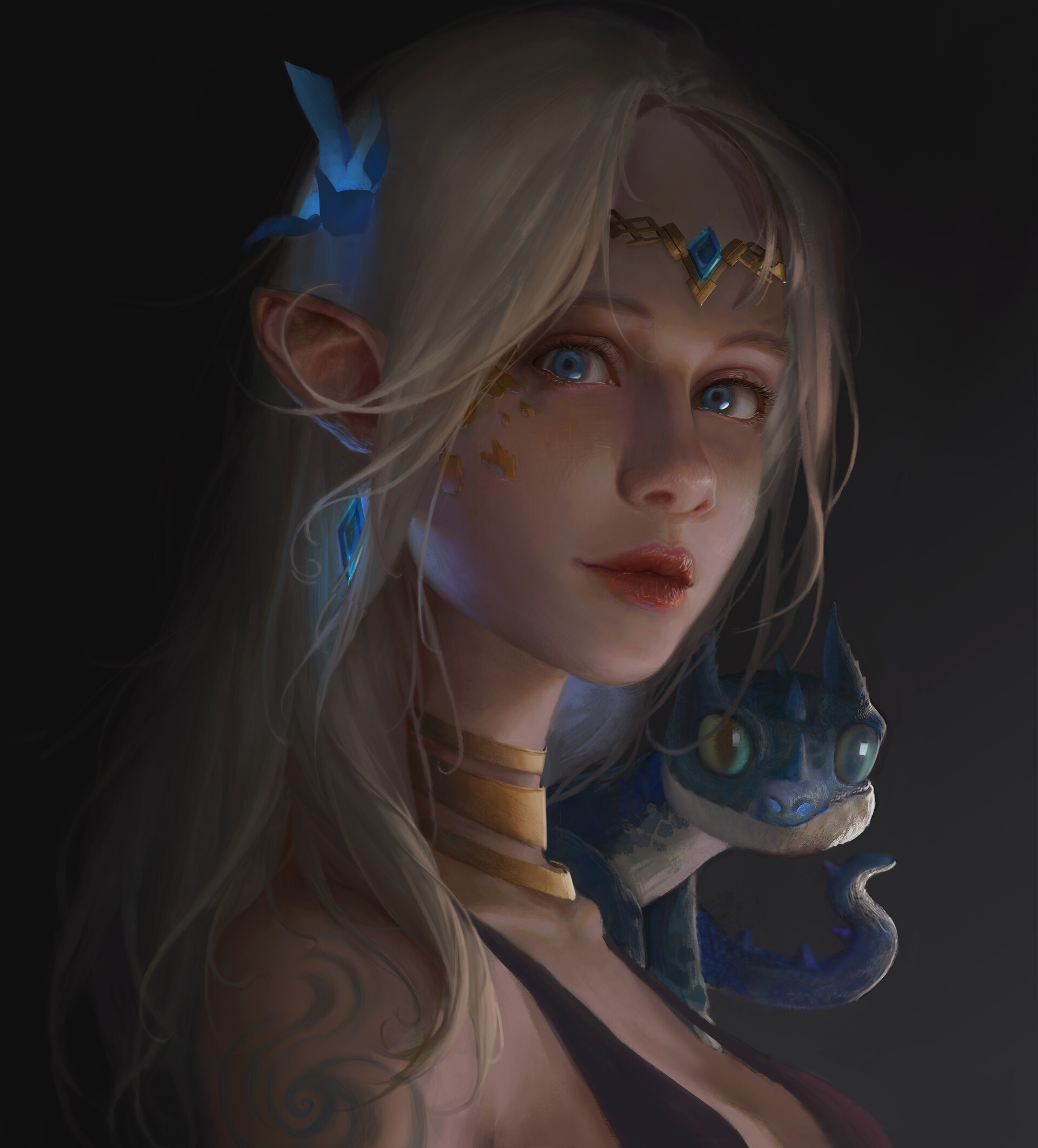 Adolescente demi-elfe avec son everchiot de dragon bleu