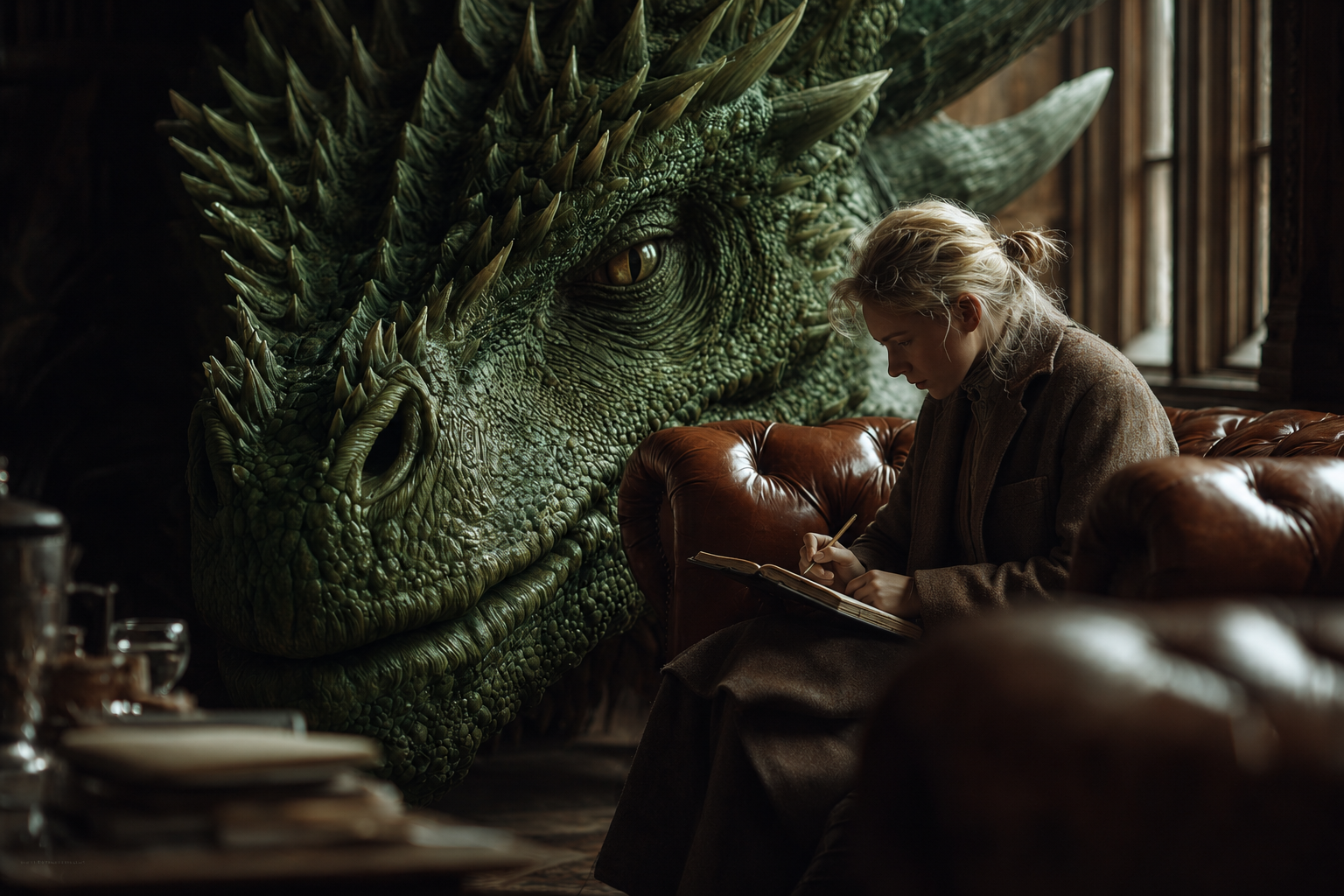 Bétail humain type L faisant la lecture à son maître dragon
