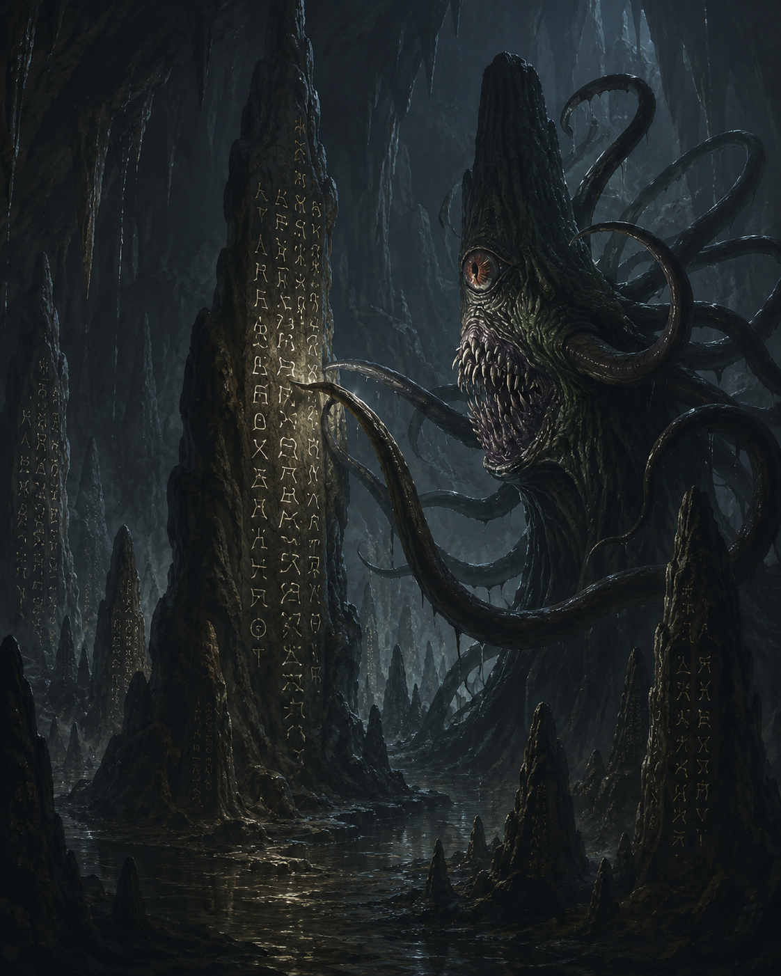 Roper lisant une stele stalagmitique